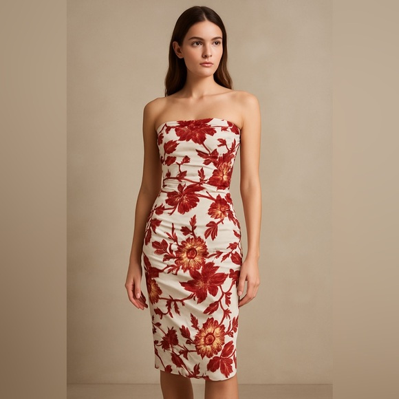 Samantha Sung Strapless Ruched Floral Dress Size 6 Hand Printed One Of A Kind